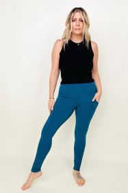 Zenana Cotton Wide Waistband Pocket Leggings (Color: Teal, size: L)