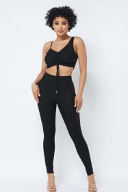 Mesh Strappy Adjustable Ruched Crop Top With Matching See Through Side Panel Leggings (Select Size: L)